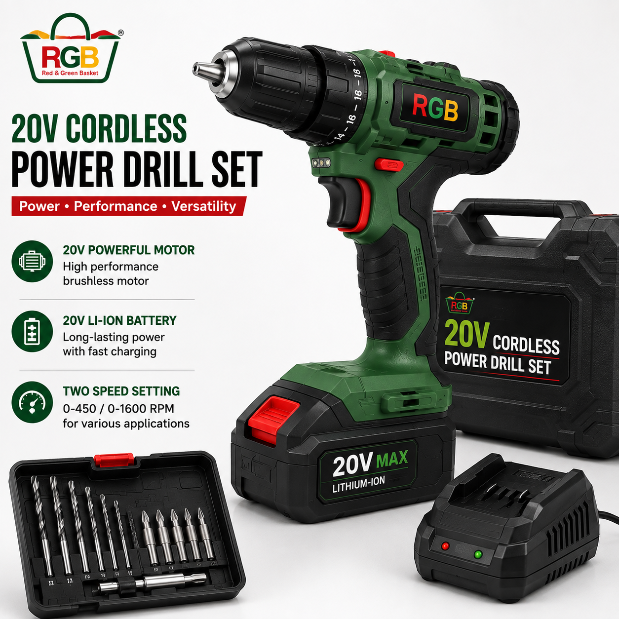 RGB 20V Cordless Power Drill Set